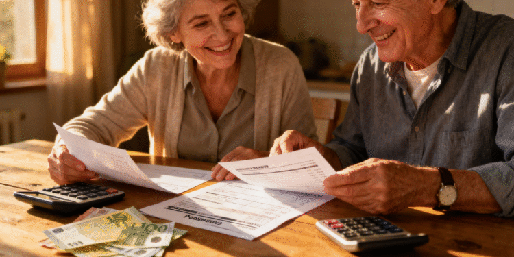 Glückliches Rentnerpaar prüft Rentenbescheid und freut sich über die Rentenerhöhung 2026