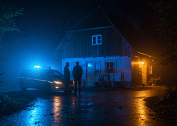 Zwei Kommissare stehen vor einem einsamen Bauernhof im Schwarzwald, Blaulicht der Polizei leuchtet im Nebel und deutet auf einen spannenden Krimi-Abend hin.
