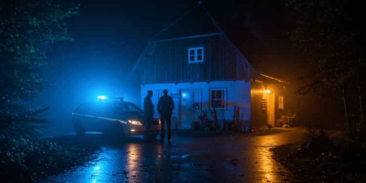 Zwei Kommissare stehen vor einem einsamen Bauernhof im Schwarzwald, Blaulicht der Polizei leuchtet im Nebel und deutet auf einen spannenden Krimi-Abend hin.