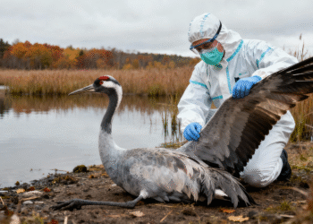 Kranich mit Vogelgrippe H5N1 wird von Tierarzt in Schutzkleidung untersucht