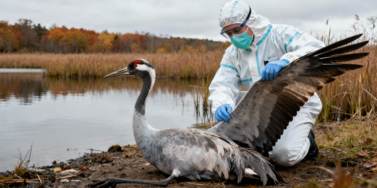Kranich mit Vogelgrippe H5N1 wird von Tierarzt in Schutzkleidung untersucht