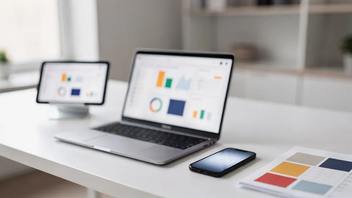 Laptop, Smartphone und Tablet auf einem Schreibtisch zu digitalen Trends in Arbeit und Verwaltung