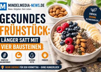 Gesundes Frühstück mit Haferflocken, Joghurt, Beeren, Nüssen und Früchten für lange Sättigung