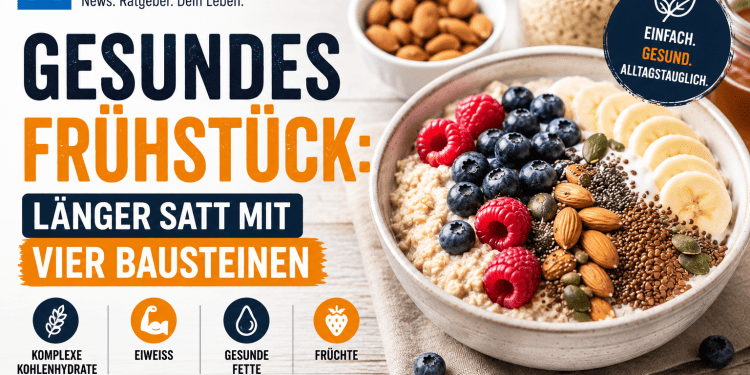 Gesundes Frühstück mit Haferflocken, Joghurt, Beeren, Nüssen und Früchten für lange Sättigung