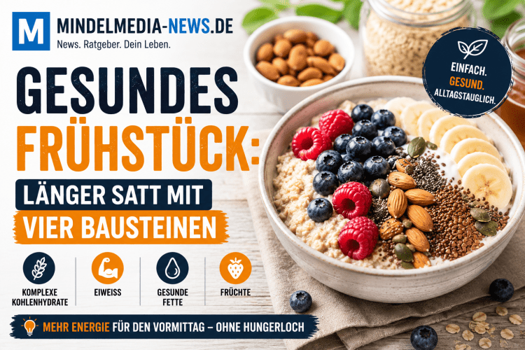 Gesundes Frühstück mit Haferflocken, Joghurt, Beeren, Nüssen und Früchten für lange Sättigung