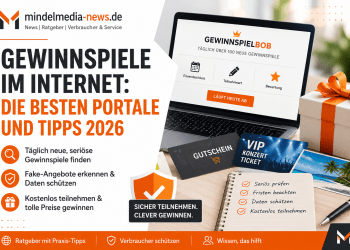 Titelbild zu Gewinnspiele im Internet mit Laptop, Geschenkbox, Gutscheinen und Tipps zum sicheren Teilnehmen