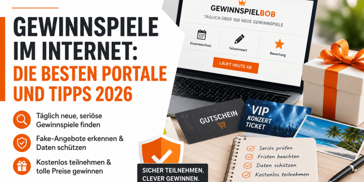 Titelbild zu Gewinnspiele im Internet mit Laptop, Geschenkbox, Gutscheinen und Tipps zum sicheren Teilnehmen
