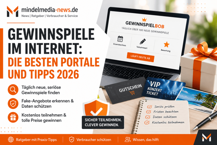 Titelbild zu Gewinnspiele im Internet mit Laptop, Geschenkbox, Gutscheinen und Tipps zum sicheren Teilnehmen