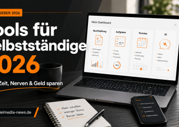 Tools für Selbstständige 2026 mit Laptop, Dashboard, Buchhaltung, Aufgaben, Terminen und KI als digitales Arbeitsplatz-Symbolbild