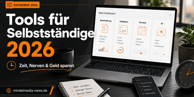 Tools für Selbstständige 2026 mit Laptop, Dashboard, Buchhaltung, Aufgaben, Terminen und KI als digitales Arbeitsplatz-Symbolbild