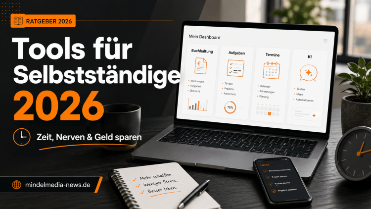 Tools für Selbstständige 2026 mit Laptop, Dashboard, Buchhaltung, Aufgaben, Terminen und KI als digitales Arbeitsplatz-Symbolbild